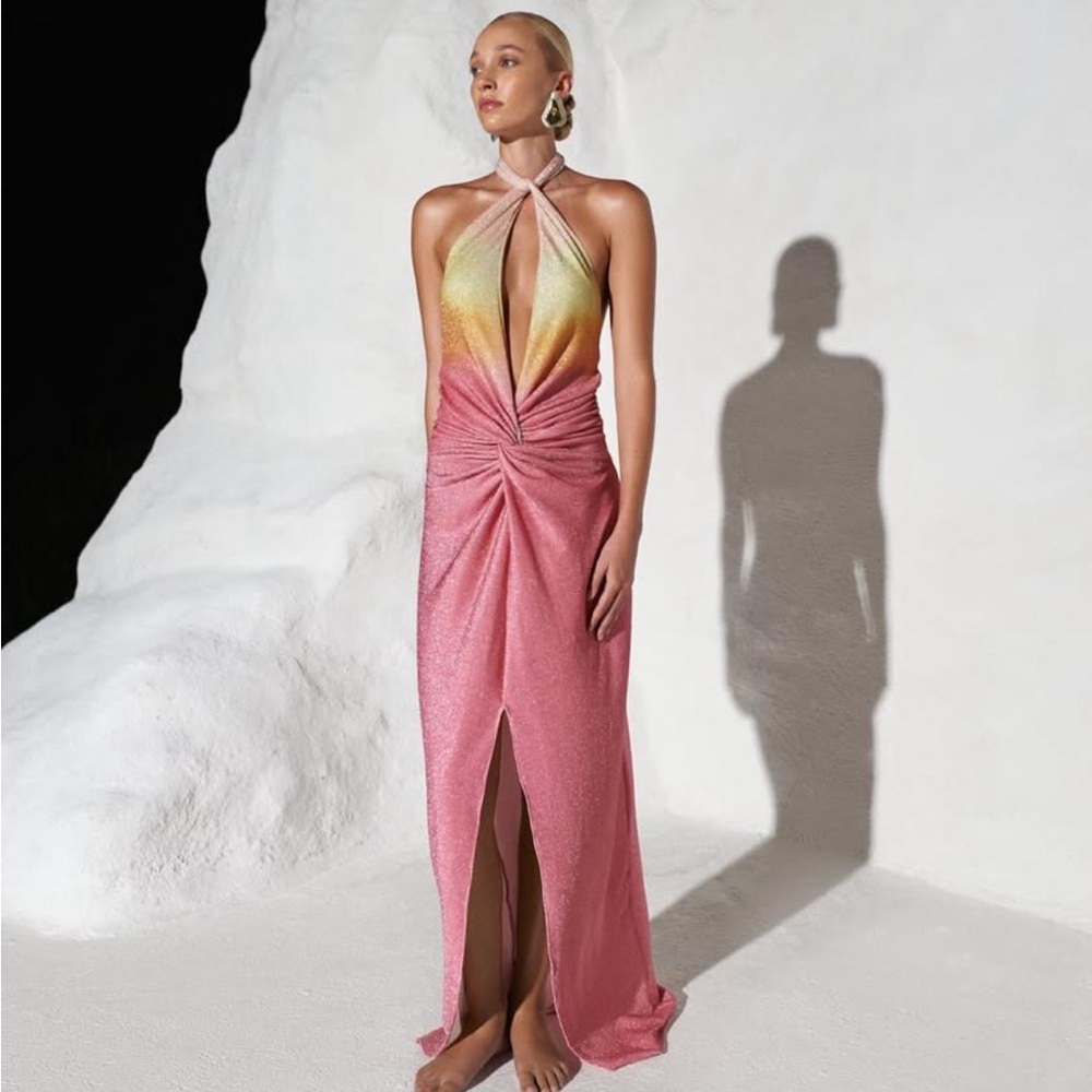Elegant Pink and Yellow Halter Dress